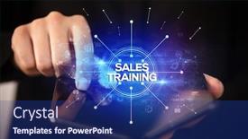  Presentation with business training - Slide set consisting of businessman holding a foldable smartphone with sales training inscription new business concept background and a navy blue colored foreground