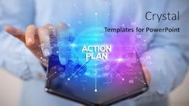  Presentation with action plan - Presentation design consisting of businessman holding a foldable smartphone with action plan inscription new business concept background and a light blue colored foreground