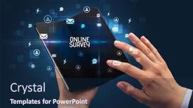  Presentation with online survey - PPT theme having businessman holding a foldable smartphone with online survey inscription social networking concept background and a navy blue colored foreground