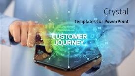  Presentation with customer journey - Beautiful slide set featuring businessman holding a foldable smartphone with customer journey inscription new business concept backdrop and a light blue colored foreground