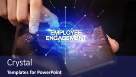  Presentation with employee engagement - Presentation consisting of businessman holding a foldable smartphone with employee engagement inscription new business concept background and a navy blue colored foreground