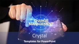  Presentation with business change - Presentation featuring businessman holding a foldable smartphone with change management inscription new business concept background and a ocean colored foreground