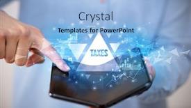 Presentation with taxes - Presentation design enhanced with businessman holding a foldable smartphone with taxes inscription business concept background and a light blue colored foreground