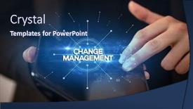  Presentation with business change - Presentation design featuring businessman-holding-a-foldable-smartphone background and a navy blue colored foreground