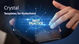  Presentation with best practice - Cool new PPT theme with businessman-holding-a-foldable-smartphone backdrop and a navy blue colored foreground