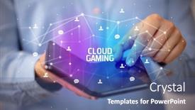  Presentation with cloud gaming - Presentation design featuring businessman-holding-a-foldable-smartphone background and a ocean colored foreground