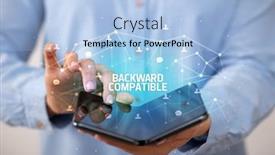  Presentation with new technology - Cool new PPT theme with businessman-holding-a-foldable-smartphone backdrop and a light blue colored foreground