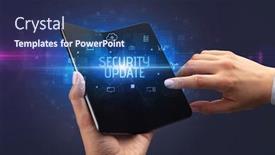  Presentation with cyber security - PPT layouts featuring businessman-holding-a-foldable-smartphone background and a navy blue colored foreground
