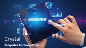 Presentation with assessment business - Beautiful theme featuring businessman-holding-a-foldable-smartphone backdrop and a navy blue colored foreground