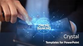  Presentation with online banking - PPT theme featuring businessman-holding-a-foldable-smartphone background and a ocean colored foreground