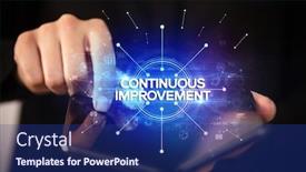  Presentation with continuous improvement - Colorful slide set enhanced with businessman-holding-a-foldable-smartphone backdrop and a navy blue colored foreground