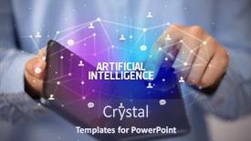  Presentation with artificial intelligence - Audience pleasing theme consisting of businessman-holding-a-foldable-smartphone backdrop and a ocean colored foreground