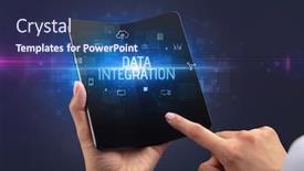  Presentation with data security - Amazing PPT theme having businessman-holding-a-foldable-smartphone backdrop and a navy blue colored foreground