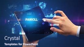  Presentation with payroll - Amazing presentation theme having businessman-holding-a-foldable-smartphone backdrop and a navy blue colored foreground
