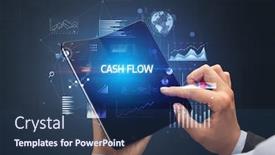  Presentation with cash - PPT theme enhanced with businessman-holding-a-foldable-smartphone background and a ocean colored foreground