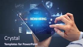  Presentation with hiring - Beautiful PPT theme featuring businessman-holding-a-foldable-smartphone backdrop and a ocean colored foreground