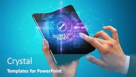  Presentation with technology trends - Audience pleasing presentation theme consisting of businessman-holding-a-foldable-smartphone backdrop and a teal colored foreground