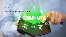  Presentation with discrimination - Presentation theme featuring businessman-holding-a-foldable-smartphone background and a light blue colored foreground