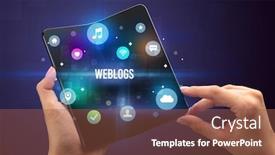  Presentation with social media - Presentation theme featuring businessman-holding-a-foldable-smartphone background and a tawny brown colored foreground