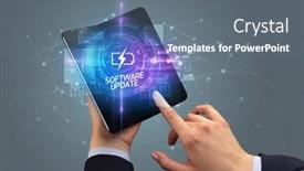  Presentation with software - Colorful slide deck enhanced with businessman-holding-a-foldable-smartphone backdrop and a ocean colored foreground