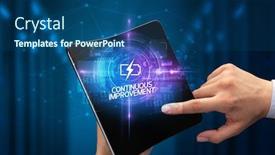  Presentation with quality improvement - Colorful slide set enhanced with businessman-holding-a-foldable-smartphone backdrop and a ocean colored foreground