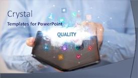  Presentation with smartphone - Amazing slide deck having businessman-holding-a-foldable-smartphone backdrop and a sky blue colored foreground