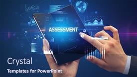  Presentation with assessment business - PPT theme consisting of businessman-holding-a-foldable-smartphone background and a navy blue colored foreground