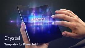  Presentation with robotics - Audience pleasing slide deck consisting of businessman-holding-a-foldable-smartphone backdrop and a navy blue colored foreground