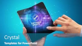  Presentation with software - PPT theme featuring businessman-holding-a-foldable-smartphone background and a teal colored foreground