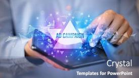  Presentation with campaign - Audience pleasing slide deck consisting of businessman-holding-a-foldable-smartphone backdrop and a ocean colored foreground