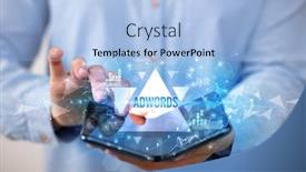  Presentation with smartphone - PPT theme with businessman-holding-a-foldable-smartphone background and a light blue colored foreground