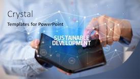  Presentation with sustainable development - Amazing slide set having businessman-holding-a-foldable-smartphone backdrop and a light blue colored foreground