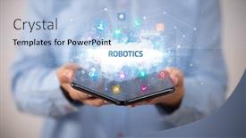  Presentation with robotics - Presentation design consisting of businessman-holding-a-foldable-smartphone background and a light blue colored foreground