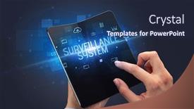  Presentation with surveillance - Theme featuring businessman-holding-a-foldable-smartphone background and a navy blue colored foreground