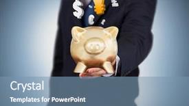  Presentation with international - Colorful slide set enhanced with businessman holding a gold piggy bank with international currencies backdrop and a seafoam green colored foreground