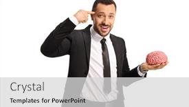  Presentation with human brain - PPT theme enhanced with businessman-holding-a-human-brain background and a  colored foreground