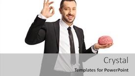  Presentation with human brain - PPT layouts with businessman-holding-a-human-brain background and a light gray colored foreground