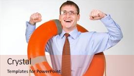  Presentation with work life conflict - Amazing theme having businessman holding a life buoy backdrop and a coral colored foreground