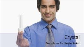  Presentation with light bulb or lightbulb - Cool new slide deck with businessman holding a light bulb backdrop and a light blue colored foreground