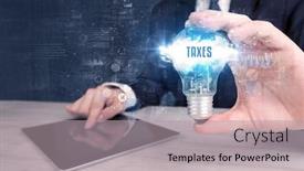  Presentation with taxes - Amazing theme having businessman-holding-a-light-bulb backdrop and a light gray colored foreground