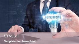  Presentation with business outsourcing - Colorful presentation theme enhanced with businessman-holding-a-light-bulb backdrop and a gray colored foreground