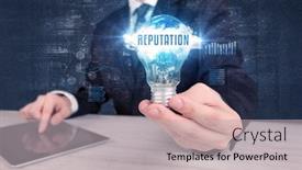  Presentation with light bulb - Slide deck featuring businessman-holding-a-light-bulb background and a light gray colored foreground