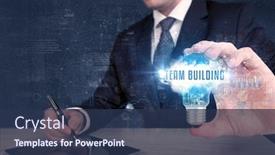  Presentation with building team - Cool new PPT layouts with businessman-holding-a-light-bulb backdrop and a ocean colored foreground