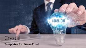  Presentation with foresight - Colorful PPT theme enhanced with businessman-holding-a-light-bulb backdrop and a light gray colored foreground