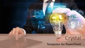  Presentation with light bulb - PPT theme having businessman-holding-a-light-bulb background and a coral colored foreground
