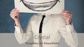  Presentation with head - PPT theme consisting of businessman holding a paper with a drawed smiley face on it in front of his head background and a lemonade colored foreground