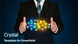  Presentation with shining - Slides having businessman holding a shining app icon cloud in front of his body background and a navy blue colored foreground