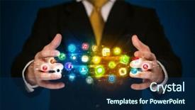  Presentation with shining - Presentation design consisting of businessman holding a shining app icon cloud in front of his body background and a navy blue colored foreground