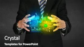  Presentation with shining - Cool new PPT theme with market research closeup - businessman holding a shining diagram backdrop and a dark gray colored foreground