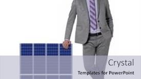  Presentation with solar cell - PPT theme with businessman-holding-a-solar-panel background and a light blue colored foreground